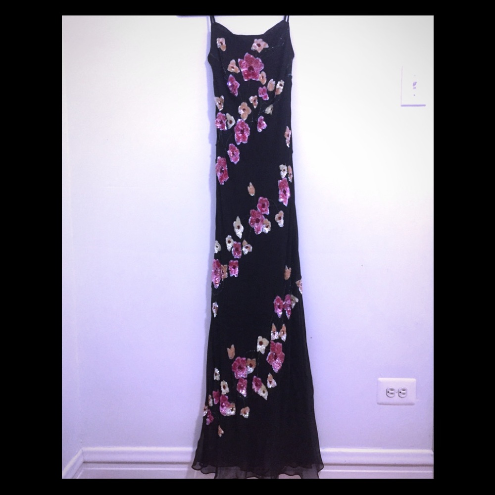 New Cache 100% silk long black dress with sequins